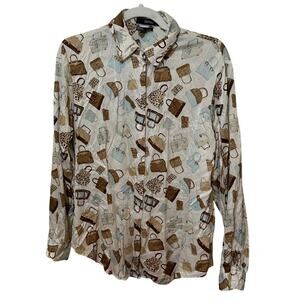 Vintage Ishyu 100% Silk Button Down Blouse Handbag Print Long Sleeve Women’s 10